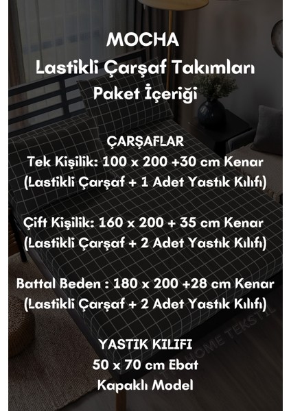 Latte Tekstil Mocha Antrasit Ekose Pamuklu Lastikli Çarşaf Takımı