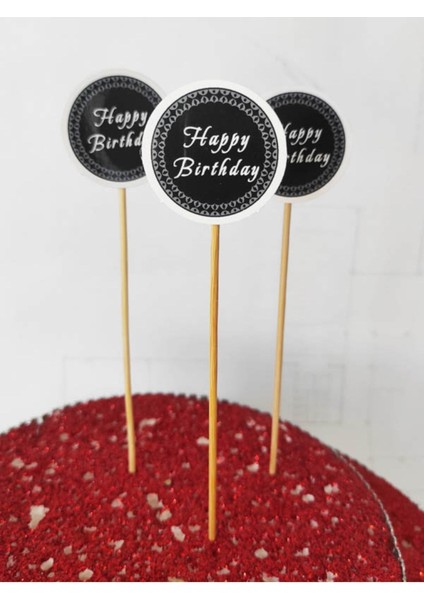 Beyhan Bayhan 15 cm Uzun Kürdan - 30 Adet Dekoratif Siyah Karton Happy Birthday Yazılı Pasta Kürdanı