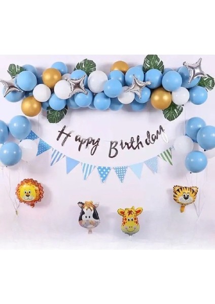 Mavi Balon Safari Folyo Kafalı Doğum Günü Balon Parti Seti Süsü