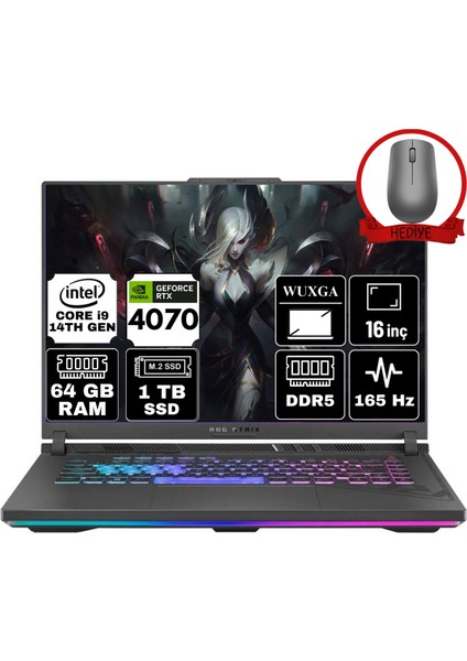 Rog Strıx G16 Intel Core I9-14900HX 64GB 1tb SSD RTX4070/8GB 16" Wuxga 165Hz Freedos Taşınabilir Bilgisayar G614JIR-A26 & Anzar Mouse