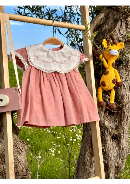 Leila Kız Bebek Yaka Detaylı Pembe Elbise