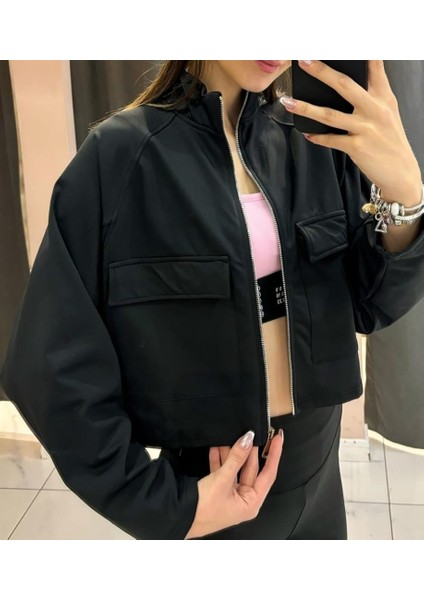 Kadın Crop Ceket Modal Kumaş Içi Polar Cepli Model