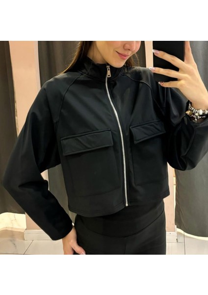 Kadın Crop Ceket Modal Kumaş Içi Polar Cepli Model