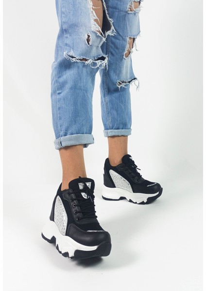 Siyah Renk Gümüş Desenli Cilt Gizli Dolgu Topuk Kadın Sneakers modelleri