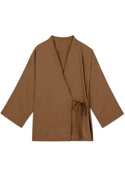 Bağlamalı Tencel Kimono Kahverengi