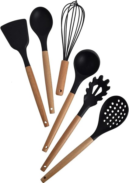 Online Kapında Lüks 6 Parça Yanmaz Yapışmaz Bambu Saplı Silikon Kepçe Spatula Mutfak Pişirme Gereçleri Seti Siyah