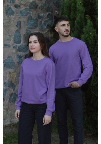 Lila Unisex Bisiklet Yaka Regular Fit Düz Sweatshirt