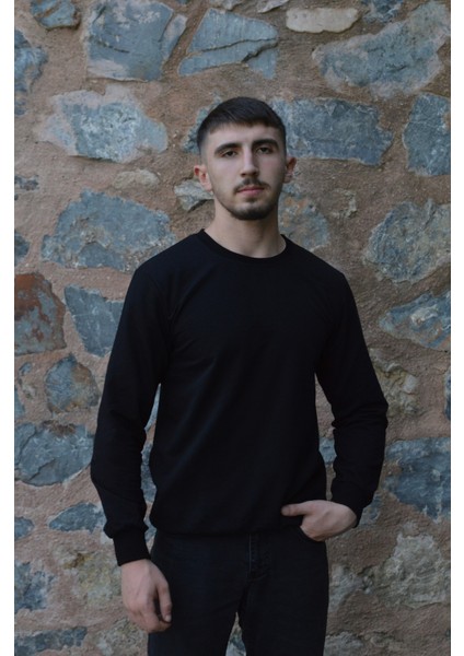 Siyah Unisex Bisiklet Yaka Regular Fit Düz Sweatshirt