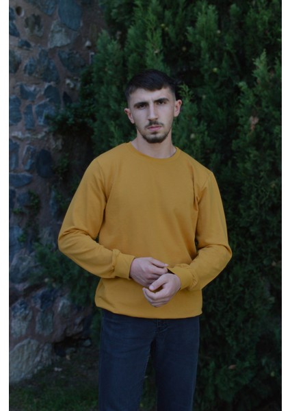 Hardal Sarısı Unisex Bisiklet Yaka Regular Fit Düz Sweatshirt