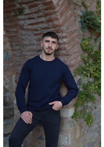 Lacivert Unisex Bisiklet Yaka Regular Fit Düz Sweatshirt