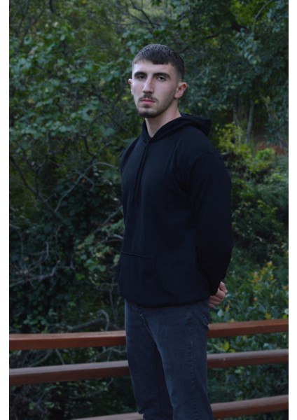 Siyah Unisex Oversize Düz Kapüşonlu Sweatshirt