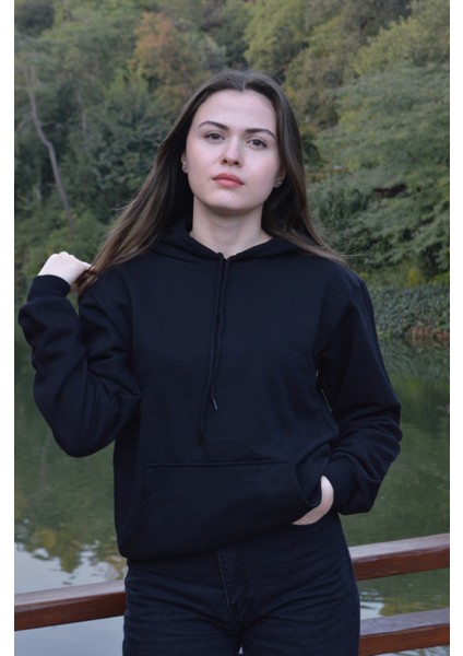Siyah Unisex Oversize Düz Kapüşonlu Sweatshirt