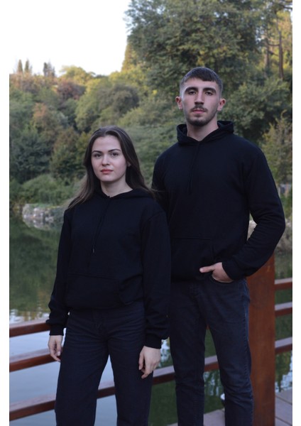 Siyah Unisex Oversize Düz Kapüşonlu Sweatshirt