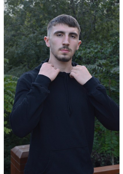 Siyah Unisex Oversize Düz Kapüşonlu Sweatshirt