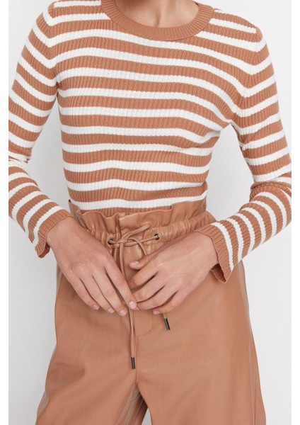 Kadın Moda Şık Regular Bisiklet Yaka Uzun Kol Çizgili Basic Triko Kazak modelleri
