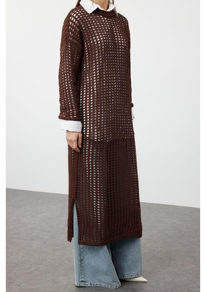 Yeni Oversize Casual Günlük Ajur Triko Bisiklet Yaka Uzun Kol Basic Maxi Boy Tesettür Elbise