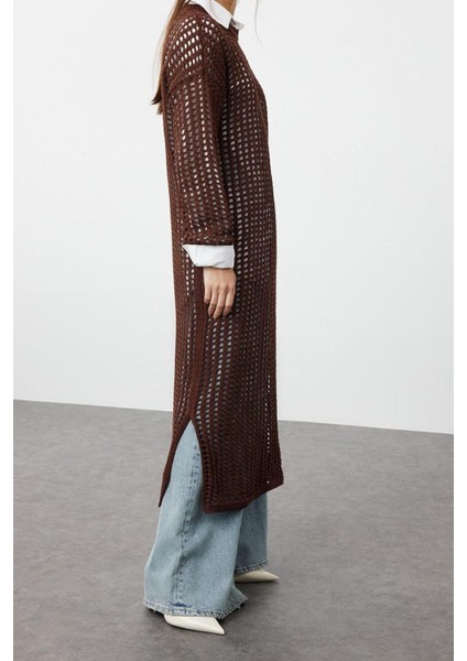 Yeni Oversize Casual Günlük Ajur Triko Bisiklet Yaka Uzun Kol Basic Maxi Boy Tesettür Elbise