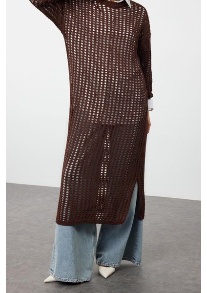 Yeni Oversize Casual Günlük Ajur Triko Bisiklet Yaka Uzun Kol Basic Maxi Boy Tesettür Elbise