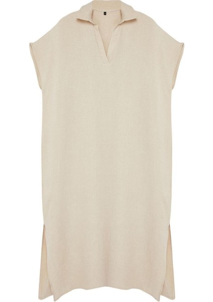 Yeni Oversize Günlük Keten Görünümlü Dokuma Gömlek Yaka Kısa Kol A-Line Midi Boy Büyük Beden Elbise