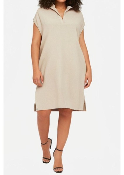 Yeni Oversize Günlük Keten Görünümlü Dokuma Gömlek Yaka Kısa Kol A-Line Midi Boy Büyük Beden Elbise fiyatları