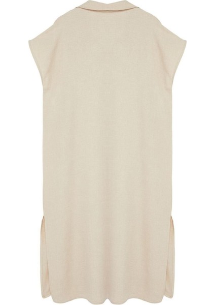 Yeni Oversize Günlük Keten Görünümlü Dokuma Gömlek Yaka Kısa Kol A-Line Midi Boy Büyük Beden Elbise modelleri