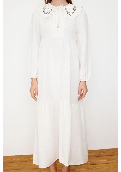 Yeni Regular Casual Günlük Keten Görünümlü Dokuma Bebe Yaka Uzun Kol Basic Maxi Boy Tesettür Elbise