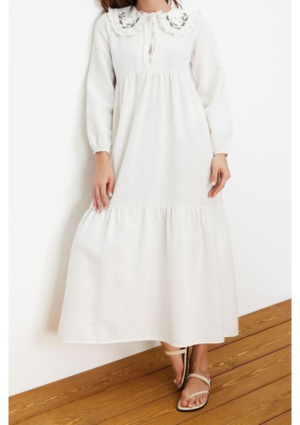 Yeni Regular Casual Günlük Keten Görünümlü Dokuma Bebe Yaka Uzun Kol Basic Maxi Boy Tesettür Elbise modelleri