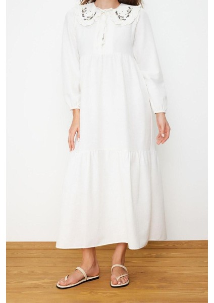 Yeni Regular Casual Günlük Keten Görünümlü Dokuma Bebe Yaka Uzun Kol Basic Maxi Boy Tesettür Elbise fırsatları