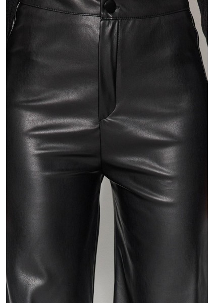 Kadın Yeni Moda Geniş Paça Uzun Boy Örme Suni Deri Wide Leg Cep Detaylı Örme Pantolon fırsatları