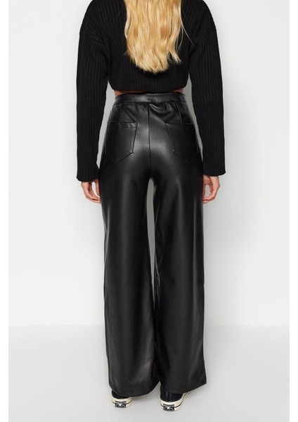Kadın Yeni Moda Geniş Paça Uzun Boy Örme Suni Deri Wide Leg Cep Detaylı Örme Pantolon indirimleri