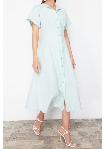 Regular Casual Günlük Poplin Dokuma Gömlek Yaka Kısa Kol Gömlek Elbise Midi Boy Elbise