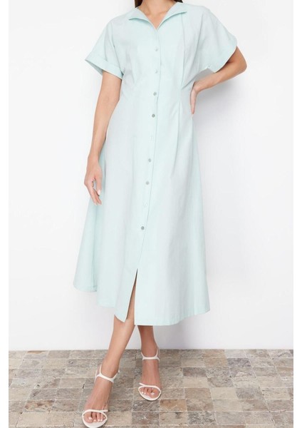 Regular Casual Günlük Poplin Dokuma Gömlek Yaka Kısa Kol Gömlek Elbise Midi Boy Elbise