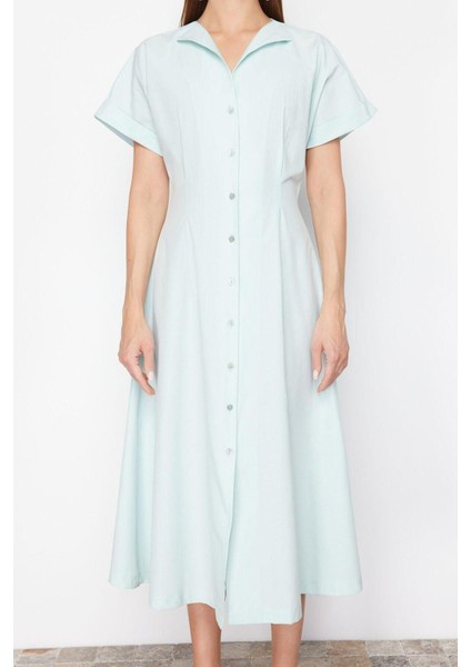 Regular Casual Günlük Poplin Dokuma Gömlek Yaka Kısa Kol Gömlek Elbise Midi Boy Elbise