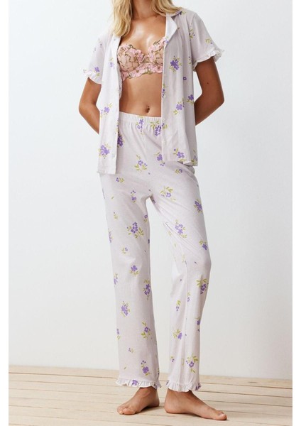Kadın %100 Pamuk Gömlek Yaka Kısa Kol Ekru- %100 Pamuk Çiçekli Fırfır Detaylı Örme Pijama Takımı