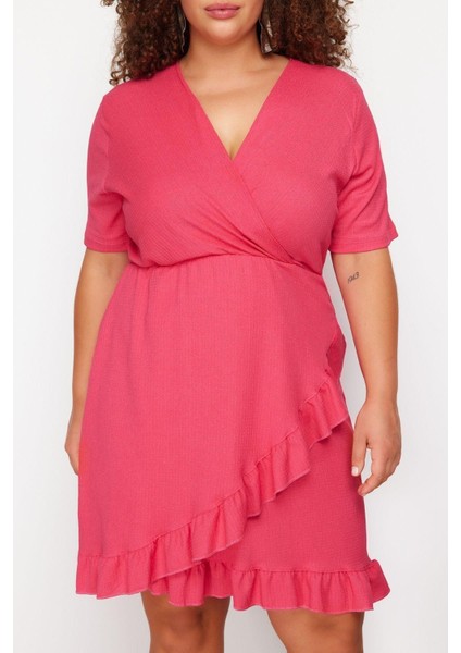 Yeni Slim Casual Günlük Bürümcük Örme Kruvaze Kısa Kol Anvelop Mini Boy Büyük Beden Elbise