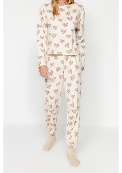 Kadın %100 Pamuk Bisiklet Yaka Uzun Kol Krem %100 Pamuk Kalpli Tshirt-Jogger Örme Pijama Takımı