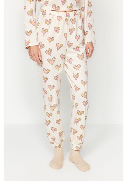 Kadın %100 Pamuk Bisiklet Yaka Uzun Kol Krem %100 Pamuk Kalpli Tshirt-Jogger Örme Pijama Takımı indirimleri