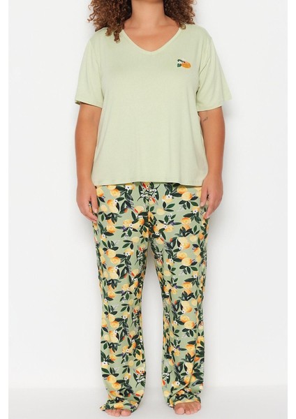 Büyük Beden Kadın Viskon Bisiklet Yaka Kısa Kol Baskılı Örme Pijama Takımı