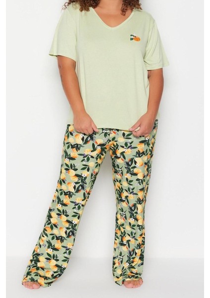 Büyük Beden Kadın Viskon Bisiklet Yaka Kısa Kol Baskılı Örme Pijama Takımı fiyatları