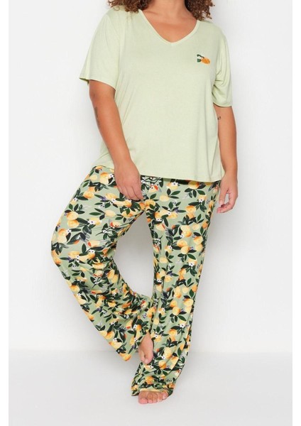 Büyük Beden Kadın Viskon Bisiklet Yaka Kısa Kol Baskılı Örme Pijama Takımı fırsatları