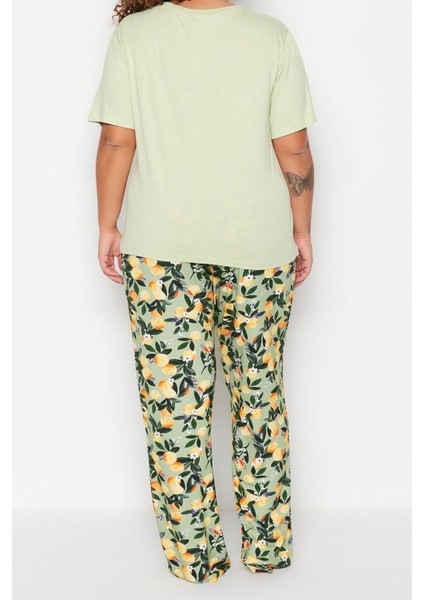 Büyük Beden Kadın Viskon Bisiklet Yaka Kısa Kol Baskılı Örme Pijama Takımı indirimleri