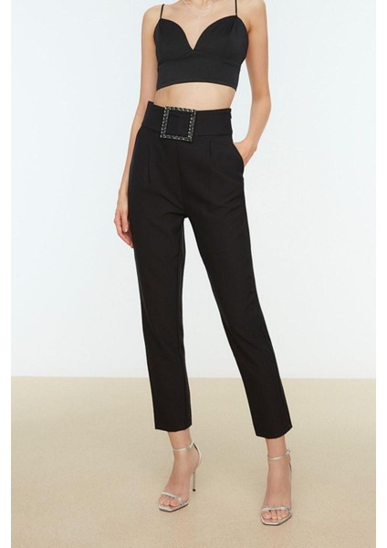 Kadın Boru Paça Regular Dokuma Kemerli Parlak Taşlı Pantolon fırsatları