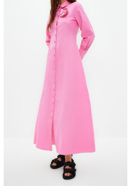 Yeni Regular Casual Günlük Poplin Dokuma Gömlek Yaka Uzun Kol A-Line Maxi Boy Tesettür Elbise fiyatları