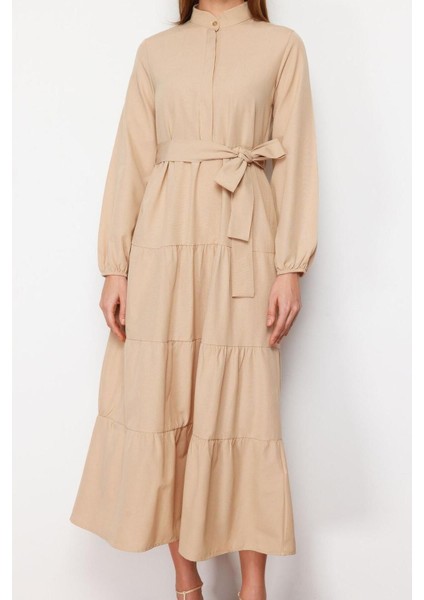 Yeni Rahat Casual Günlük Terrycotton Dokuma Dik Yaka Uzun Kol Basic Maxi Boy Tesettür Elbise