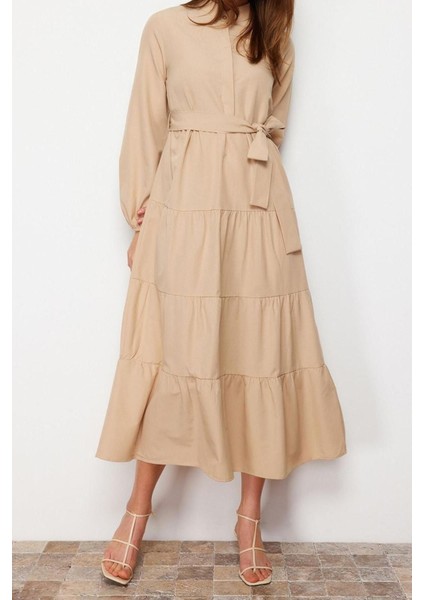 Yeni Rahat Casual Günlük Terrycotton Dokuma Dik Yaka Uzun Kol Basic Maxi Boy Tesettür Elbise fiyatları