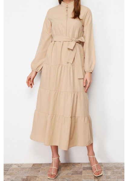 Yeni Rahat Casual Günlük Terrycotton Dokuma Dik Yaka Uzun Kol Basic Maxi Boy Tesettür Elbise modelleri