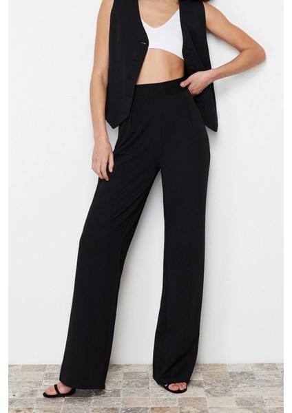 Kadın Geniş Paça Regular Boy Örme Pileli Wide Leg Rahat Kesim Örme Palazzo Pantolon fırsatları