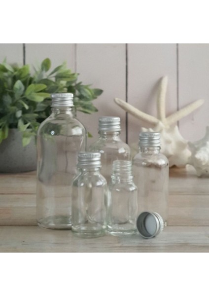 Şeffaf Cam Şişesi Sızdırmaz Silver Metal Kapaklı 50 ml x 10 Adet