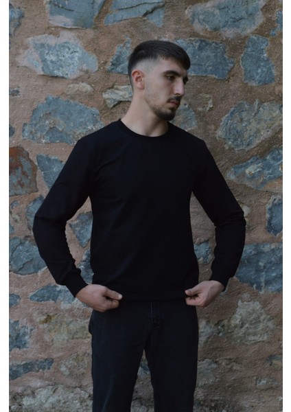 Siyah Unisex Bisiklet Yaka Regular Fit Düz Sweatshirt