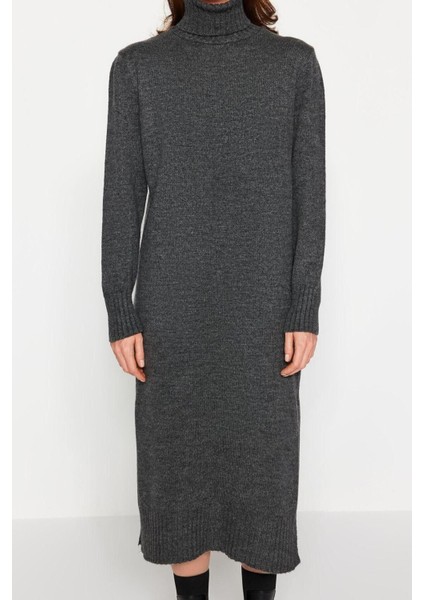 Oversize Casual Günlük Dolu Iğne Triko Balıkçı Yaka Uzun Kol Shift Midi Boy Elbise